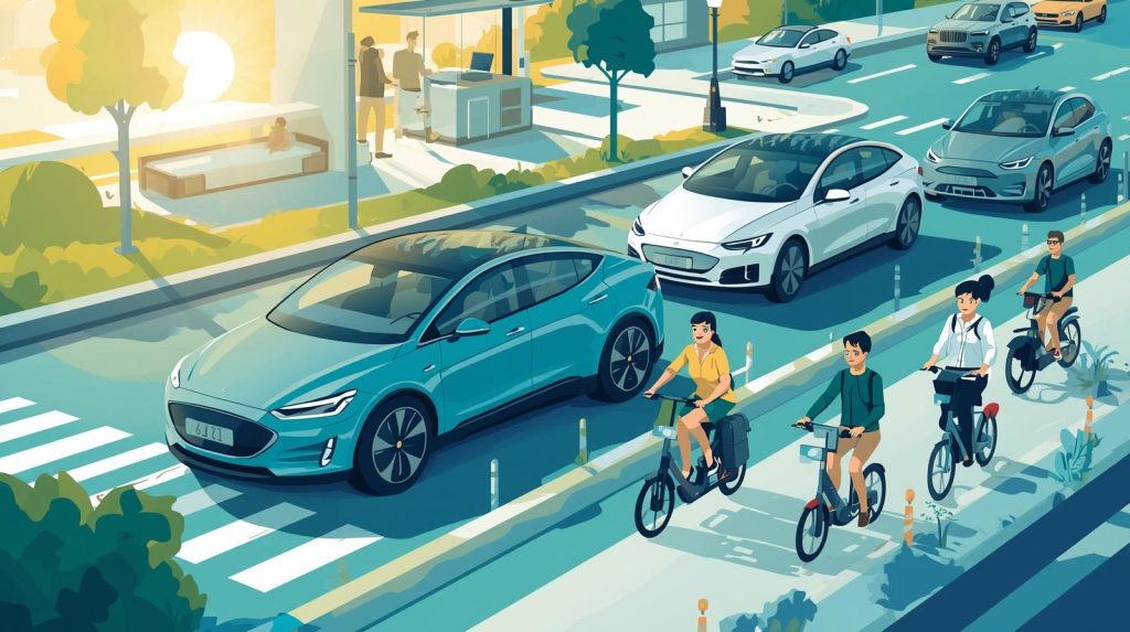 Elektro Autos und Menschen auf Fahrräder