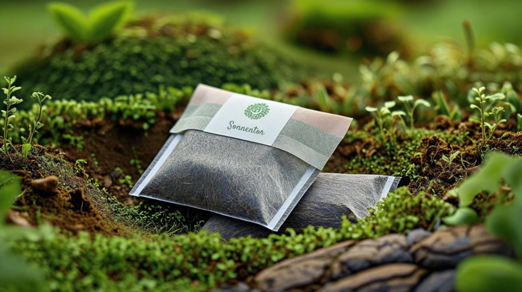 Ein Bild von einer Tee verpackung welche auf Moos liegt